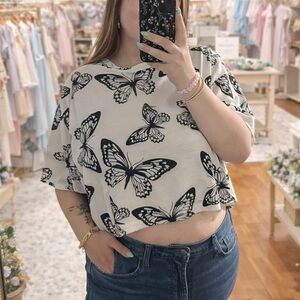 SHEIN White Crop Tee with Black Butterfly Print